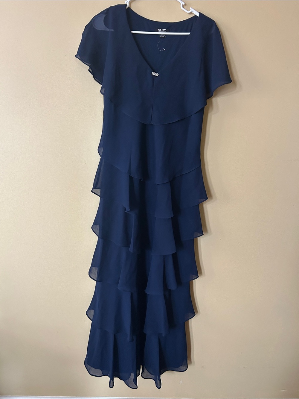 SLNY Navy Tiered Chiffon Maxi Dress